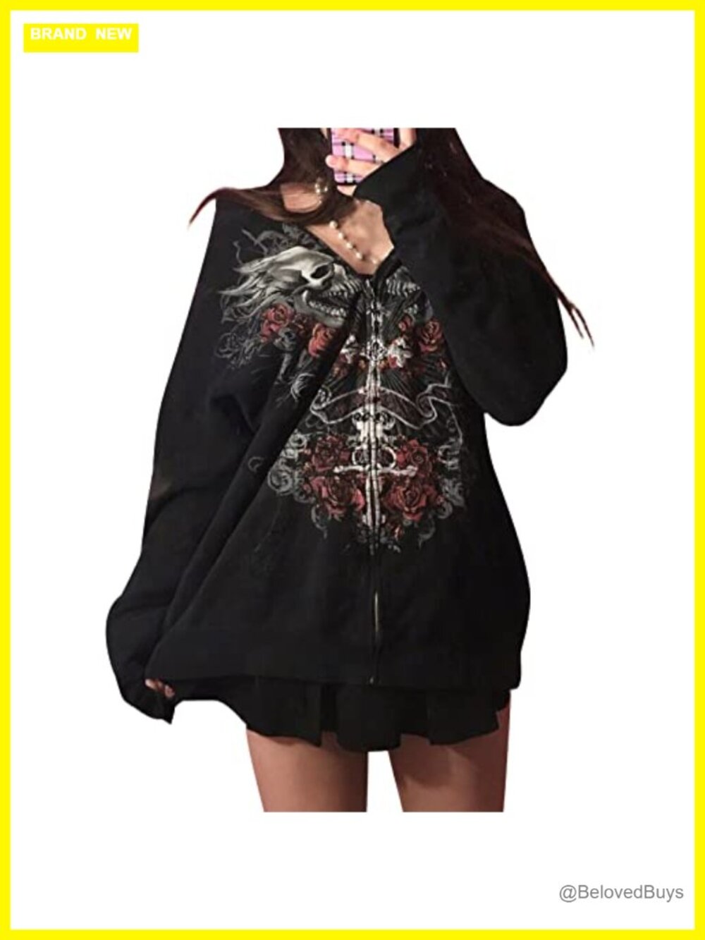 Women Y2K Skull Graphic Zip Up Hoodie Grunge Oversized Sweatshirt